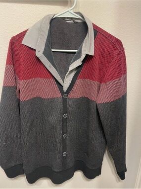 Men's V-Neck Button-Front Sweater in Red and Dark Gray